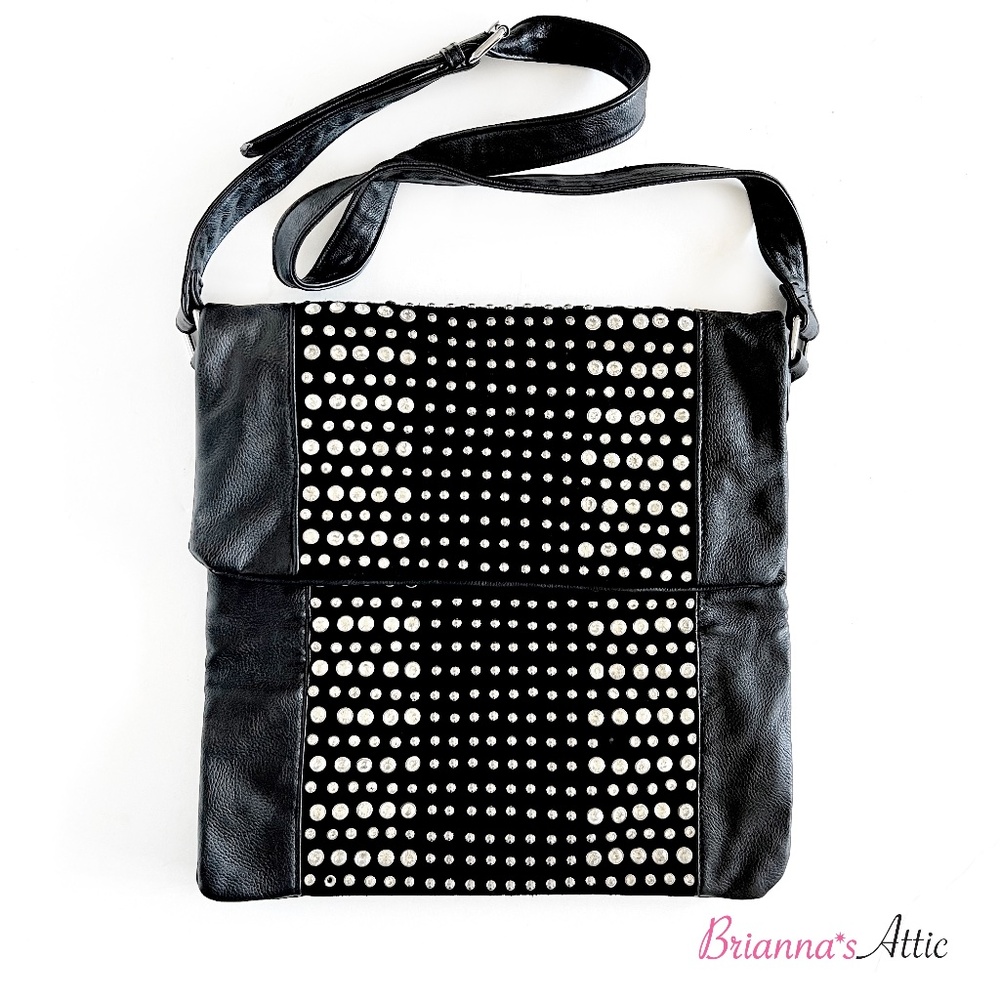 Lionel Vintage Black Leather & Suede Cross Body Rhinestone Studded Shoulder Bag